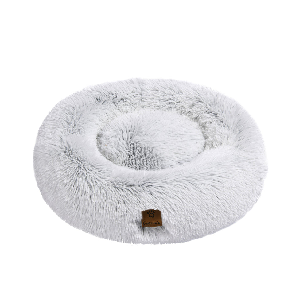 Charlie&#39;s Shaggy Faux Fur Donut Calming Pet Nest Bed Artic White Chinchilla Small