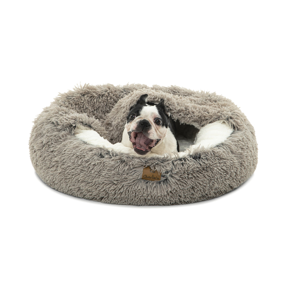 Charlie&#39;s Snookie Hooded Faux Fur Calming Dog Bed Grey Large