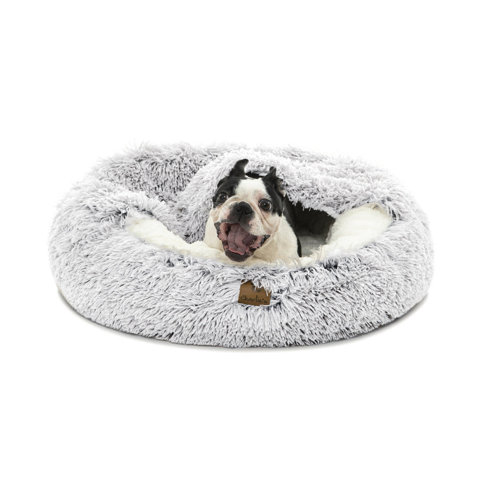 Charlie&#39;s Snookie Hooded Faux Fur Calming Dog Bed White Small