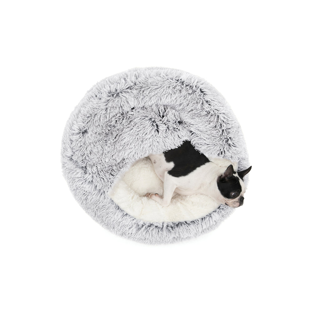 Charlie&#39;s Snookie Hooded Faux Fur Calming Dog Bed White Small