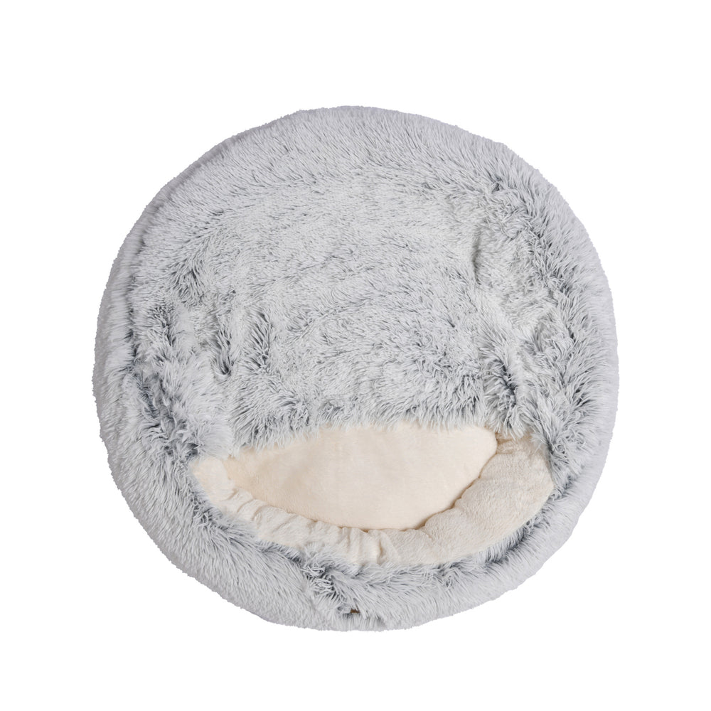 Charlie&#39;s Snookie Hooded Faux Fur Calming Dog Bed White Large