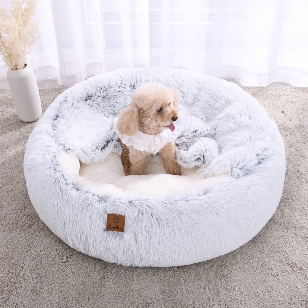 Charlie&#39;s Snookie Hooded Faux Fur Calming Dog Bed White Large