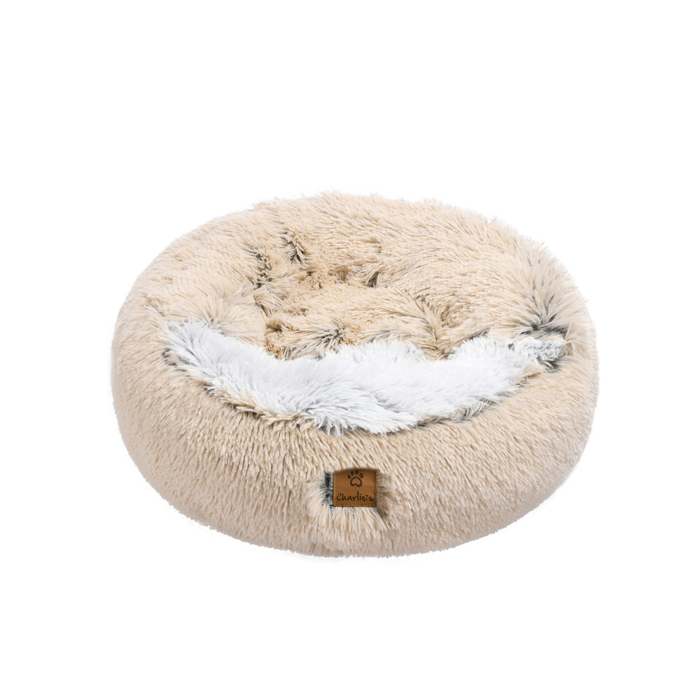 Charlie&#39;s Snookie Hooded Faux Fur Calming Dog Bed Cream Small