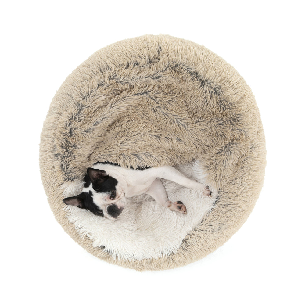 Charlie&#39;s Snookie Hooded Faux Fur Calming Dog Bed Cream Medium