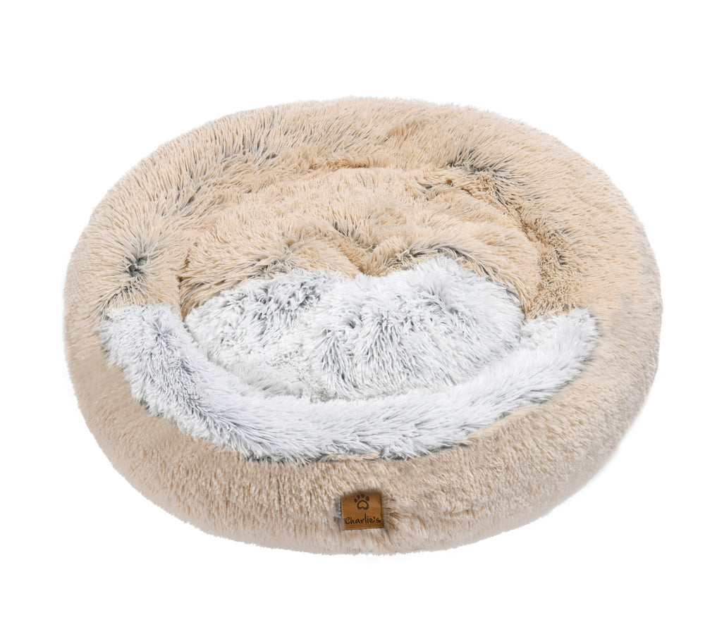 Charlie&#39;s Snookie Hooded Faux Fur Calming Dog Bed Cream Large