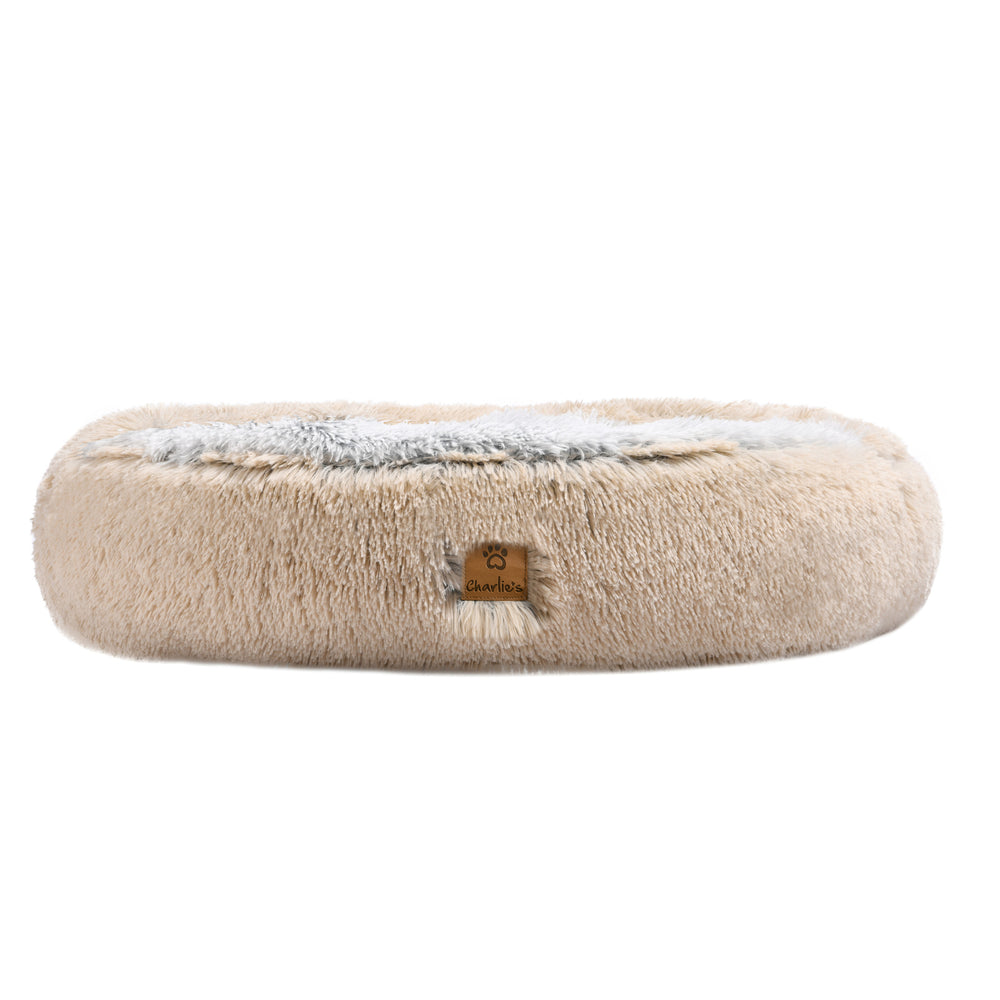 Charlie&#39;s Snookie Hooded Faux Fur Calming Dog Bed Cream Large