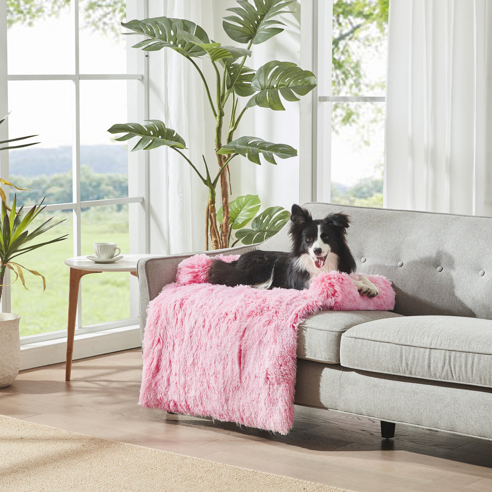 Charlie&#39;s Shaggy Faux Fur Bolster Sofa Protector Calming Dog Bed Ombre Pink Small