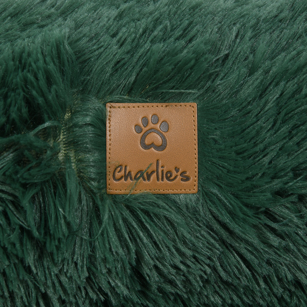 Charlie&#39;s Shaggy Faux Fur Orthopedic Memory Foam Sofa Dog Bed with Bolster Eden Green Medium