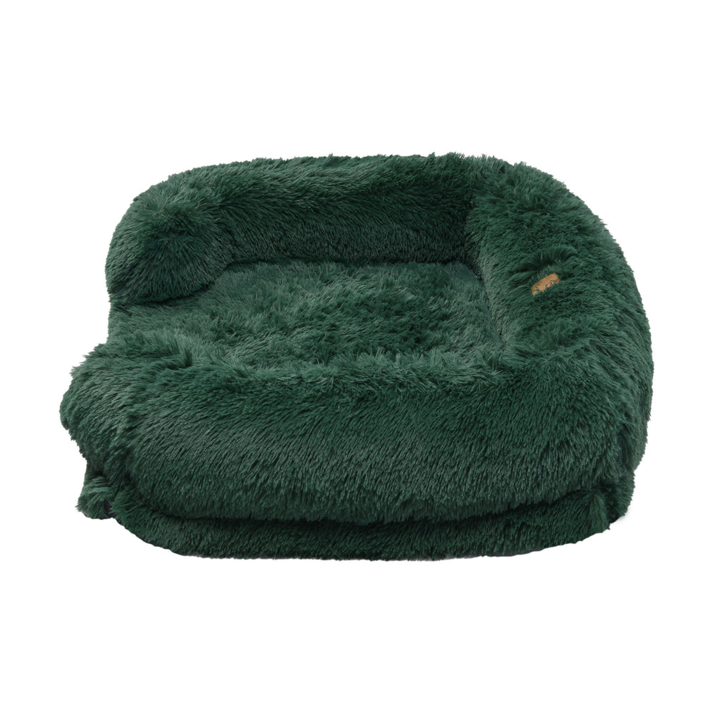 Charlie&#39;s Shaggy Faux Fur Orthopedic Memory Foam Sofa Dog Bed with Bolster Eden Green Medium