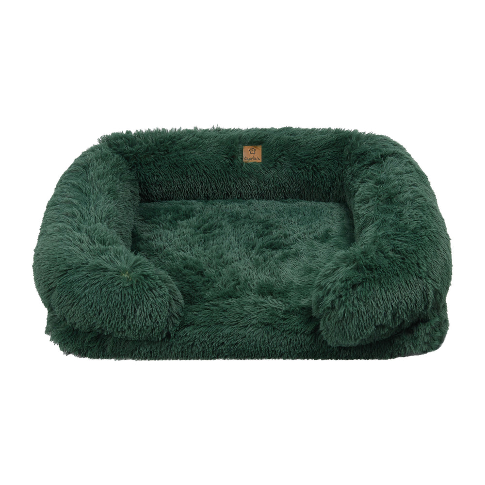 Charlie&#39;s Shaggy Faux Fur Orthopedic Memory Foam Sofa Dog Bed with Bolster Eden Green Medium