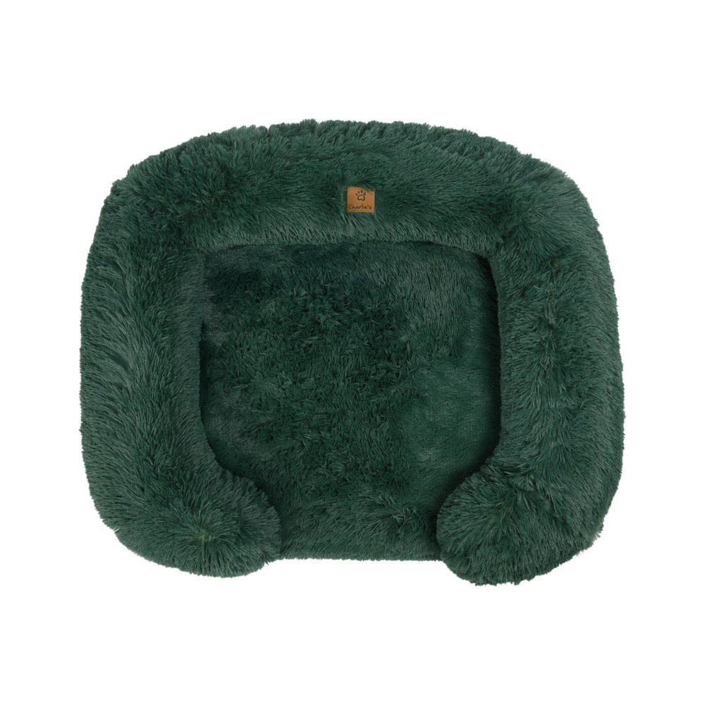 Charlie&#39;s Shaggy Faux Fur Orthopedic Memory Foam Sofa Dog Bed with Bolster Eden Green Medium