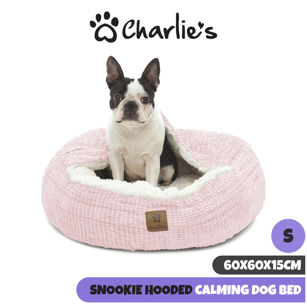 Charlie&#39;s Snookie Hooded Calming Dog Bed Pink Small