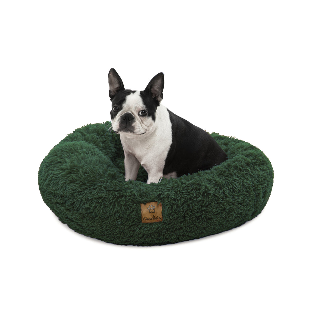Charlie&#39;s Shaggy Faux Fur Donut Calming Pet Nest Bed Eden Green Medium