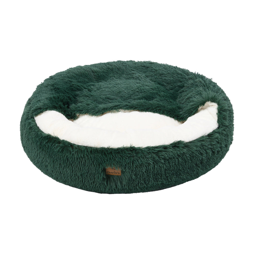 Charlie&#39;s Snookie Hooded Faux Fur Calming Dog Bed Eden Green Medium