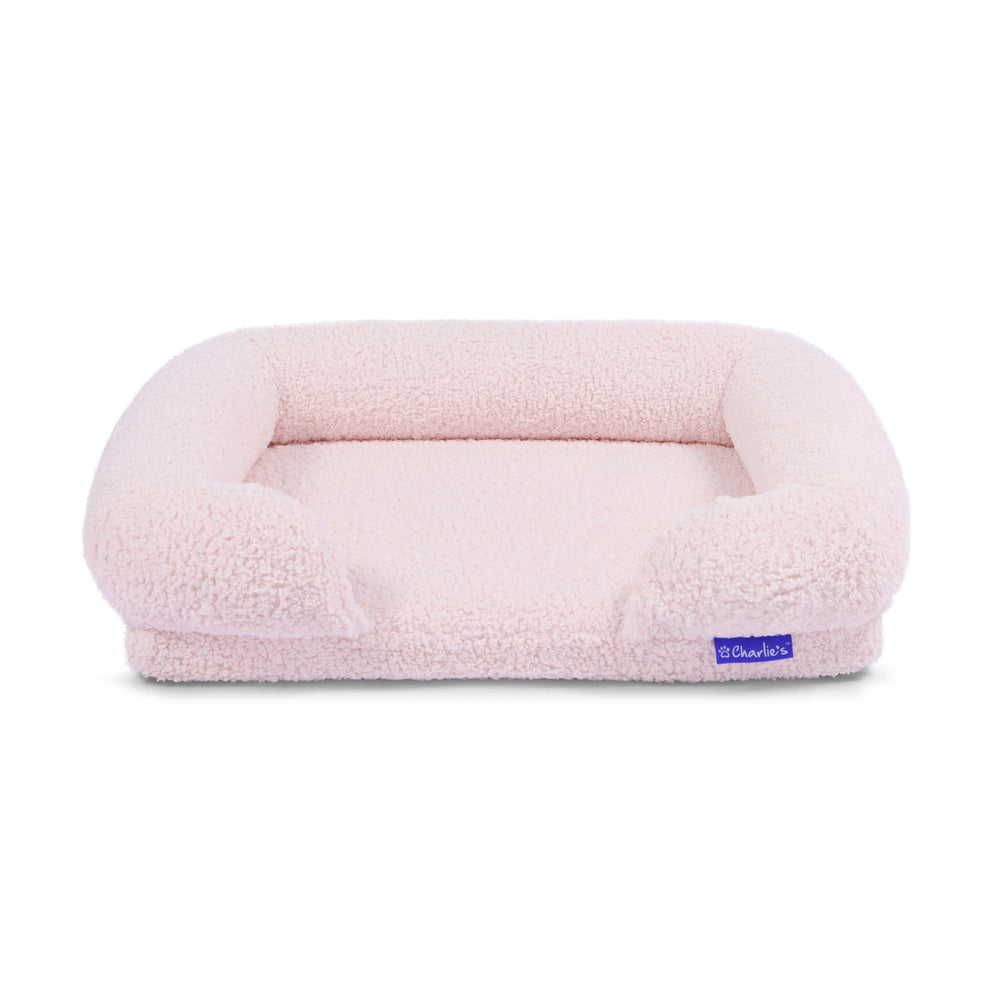 Charlie&#39;s Teddy Fleece Orthopedic Memory Foam Sofa Dog Bed with Bolster Pink Small