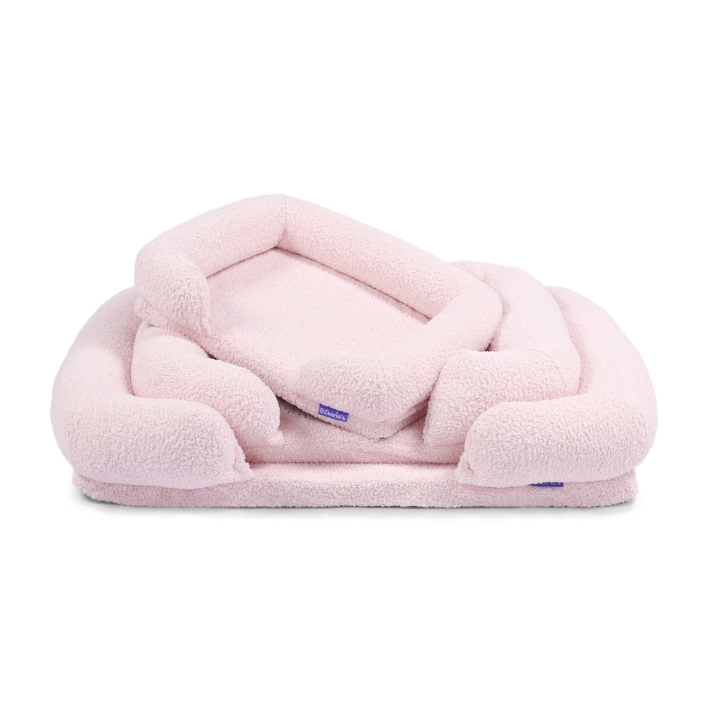 Charlie&#39;s Boucle Style Teddy Fleece Memory Foam Sofa Dog Bed with Bolster Pink Medium