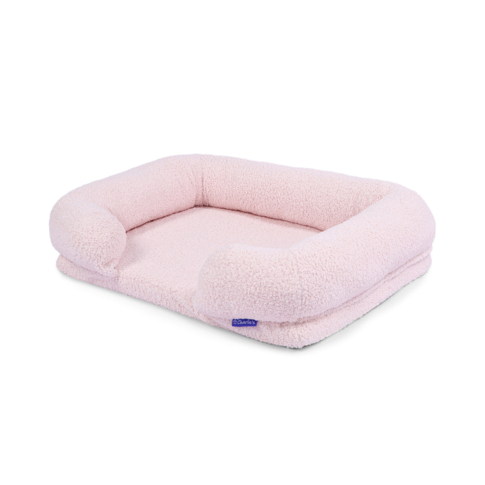 Charlie&#39;s Boucle Style Teddy Fleece Memory Foam Sofa Dog Bed with Bolster Pink Medium