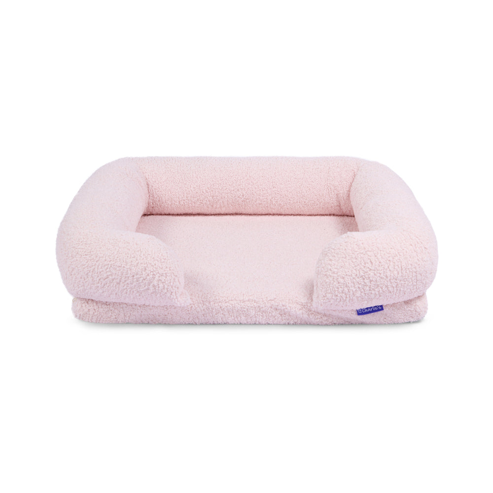 Charlie&#39;s Boucle Style Teddy Fleece Memory Foam Sofa Dog Bed with Bolster Pink Medium