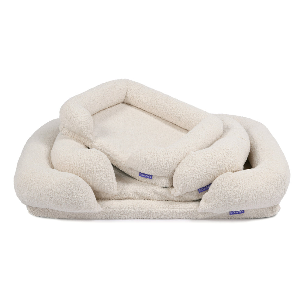 Charlie&#39;s Teddy Fleece Orthopedic Memory Foam Sofa Dog Bed with Bolster Cream Large