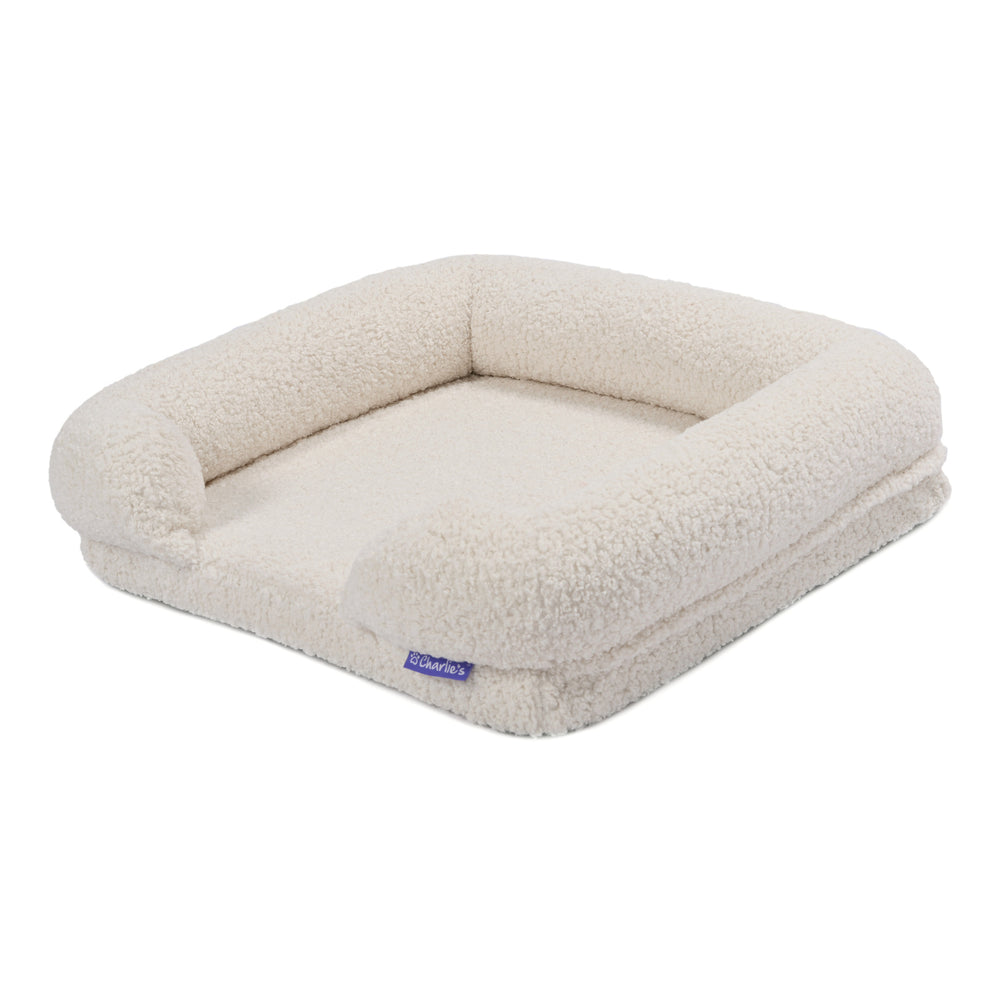 Charlie&#39;s Teddy Fleece Orthopedic Memory Foam Sofa Dog Bed with Bolster Cream Large