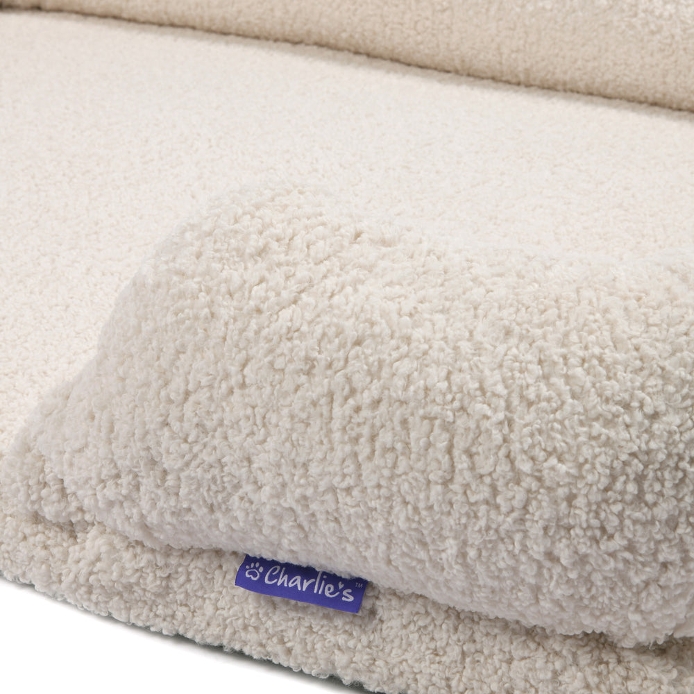 Charlie&#39;s Teddy Fleece Orthopedic Memory Foam Sofa Dog Bed with Bolster Cream Large