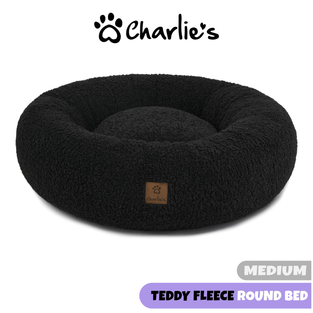Charlie&#39;s Teddy Fleece Round Calming Dog Bed Charcoal Medium