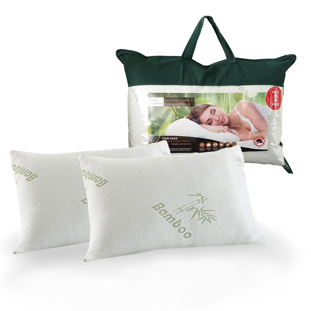 Royal Comfort Luxury Bamboo Covered Memory Foam Pillow Twin Pack Hypoallergenic 56 x 36 x 10 cm White, Green