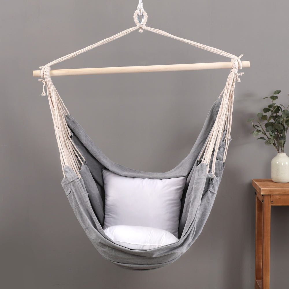 Sherwood Home Indoor and Outdoor Hammock Chair Swing with Cushion- Grey - Large 125x185cm