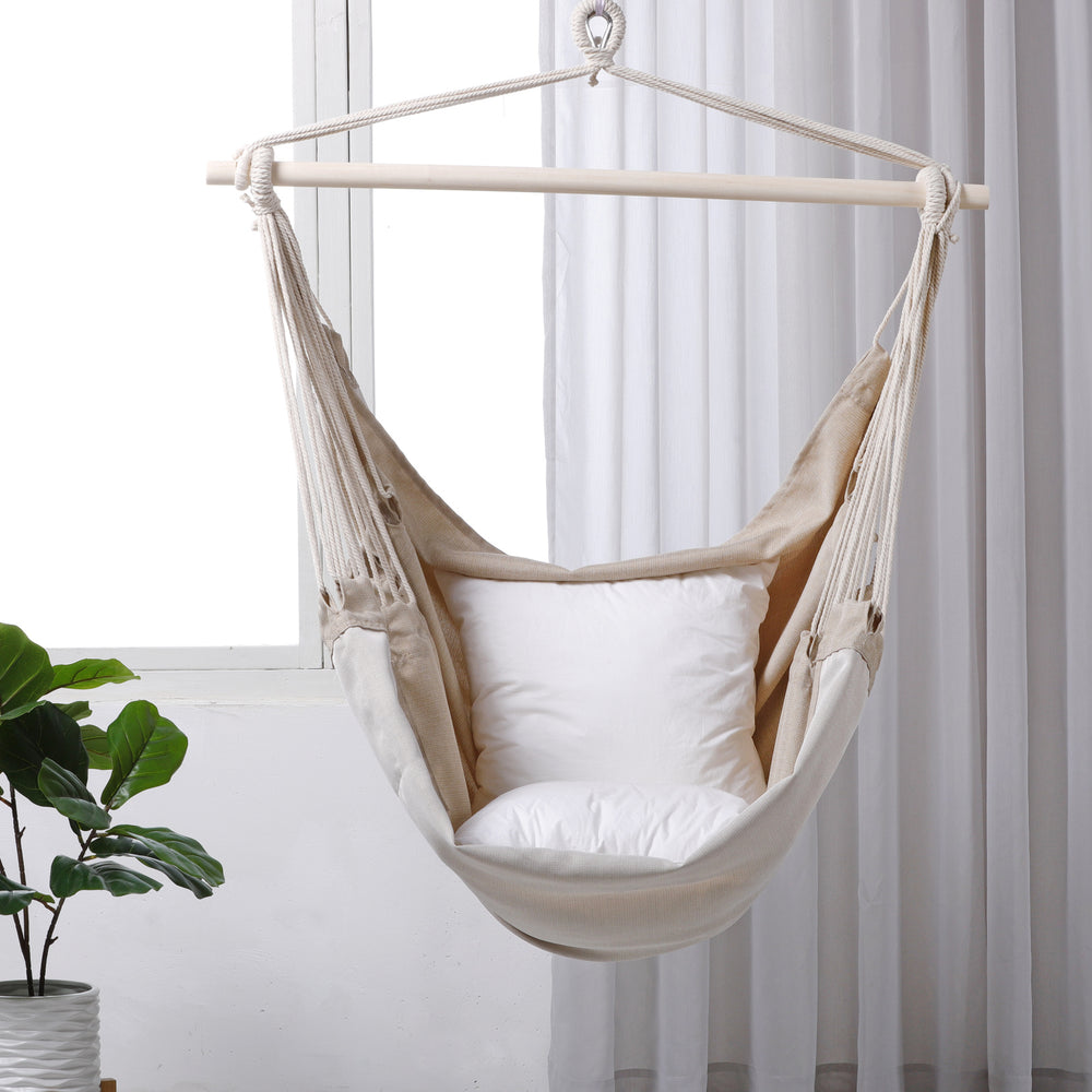 Sherwood Home Indoor and Outdoor Hammock Chair Swing with Cushion- Natural Beige - Medium 100x150cm