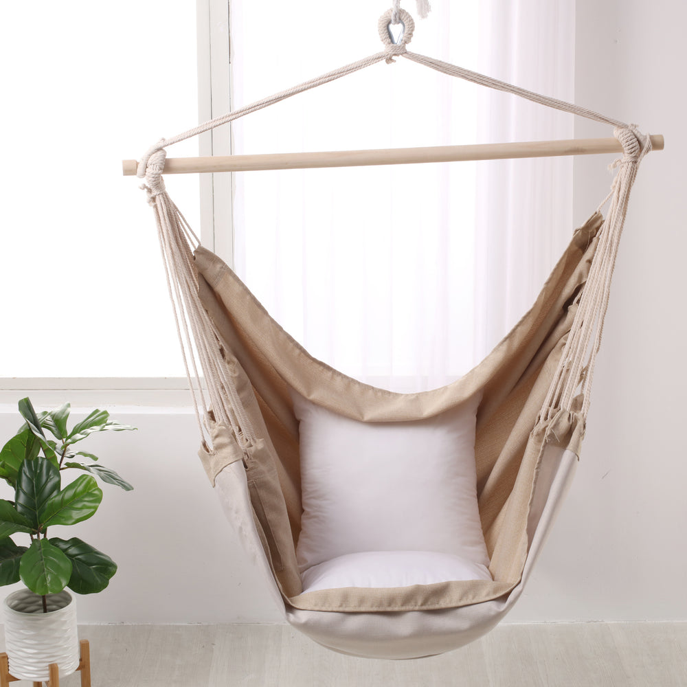 Sherwood Home Indoor and Outdoor Hammock Chair Swing with Cushion- Natural Beige - Large 125x185cm