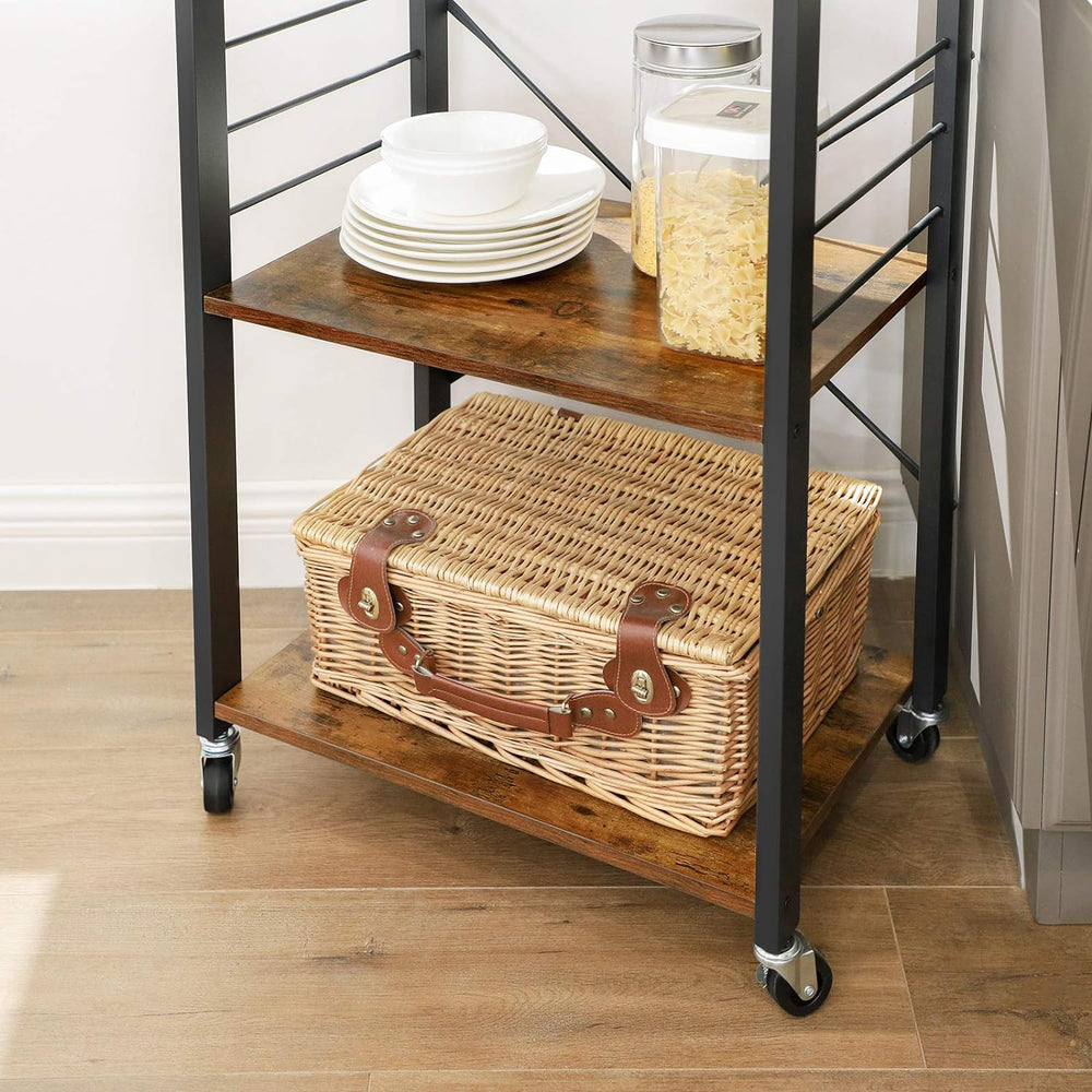 VASAGLE 3 Tier Utility Cart Storage Rack Shelves Kitchen Trolley - Rustic Brown/Black