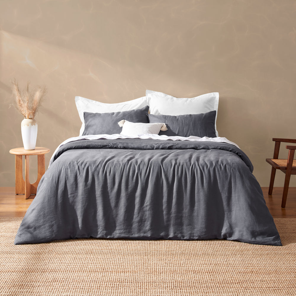 Natural Home Vintage Washed Hemp Linen Quilt Cover Set Charcoal Super King Bed
