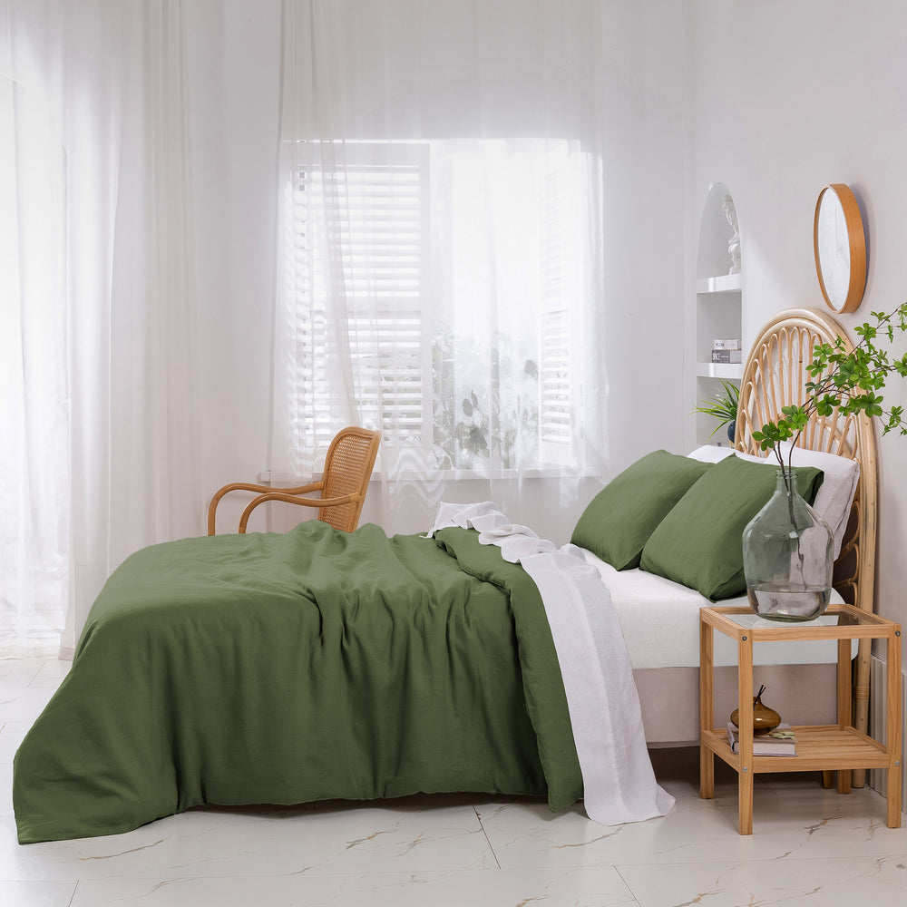 Natural Home Vintage Washed Hemp Linen Quilt Cover Set Olive Queen Bed
