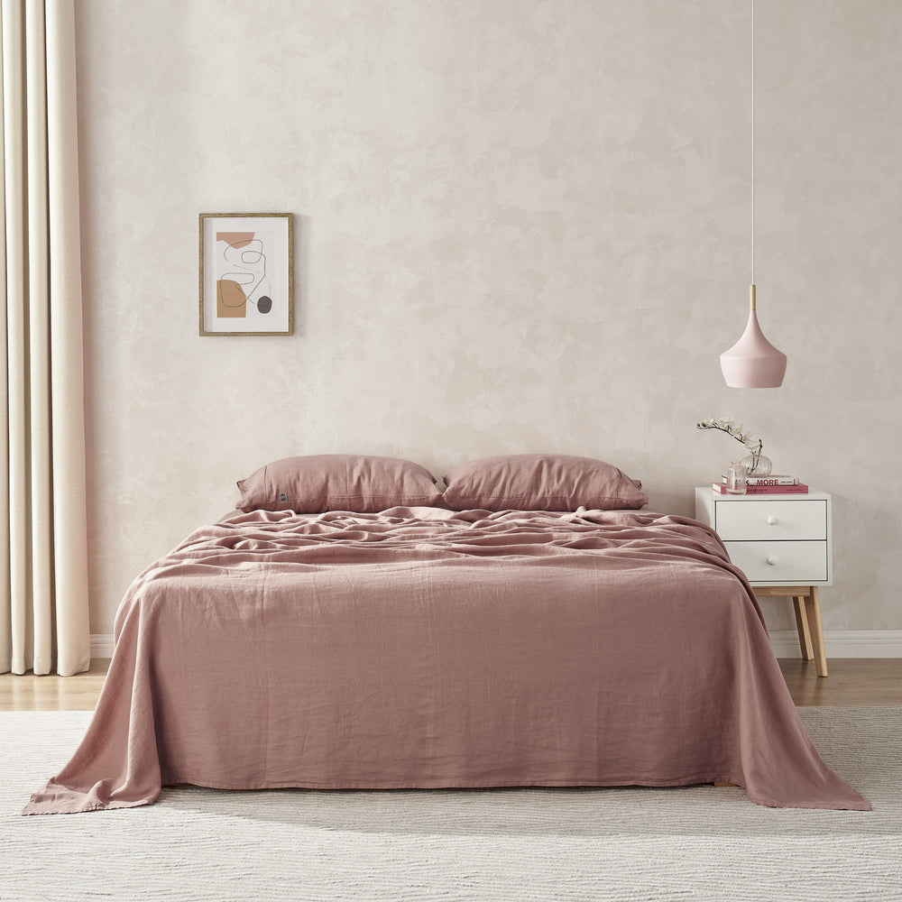 Natural Home 100% European Flax Linen Sheet Set Rose Gold Queen Bed