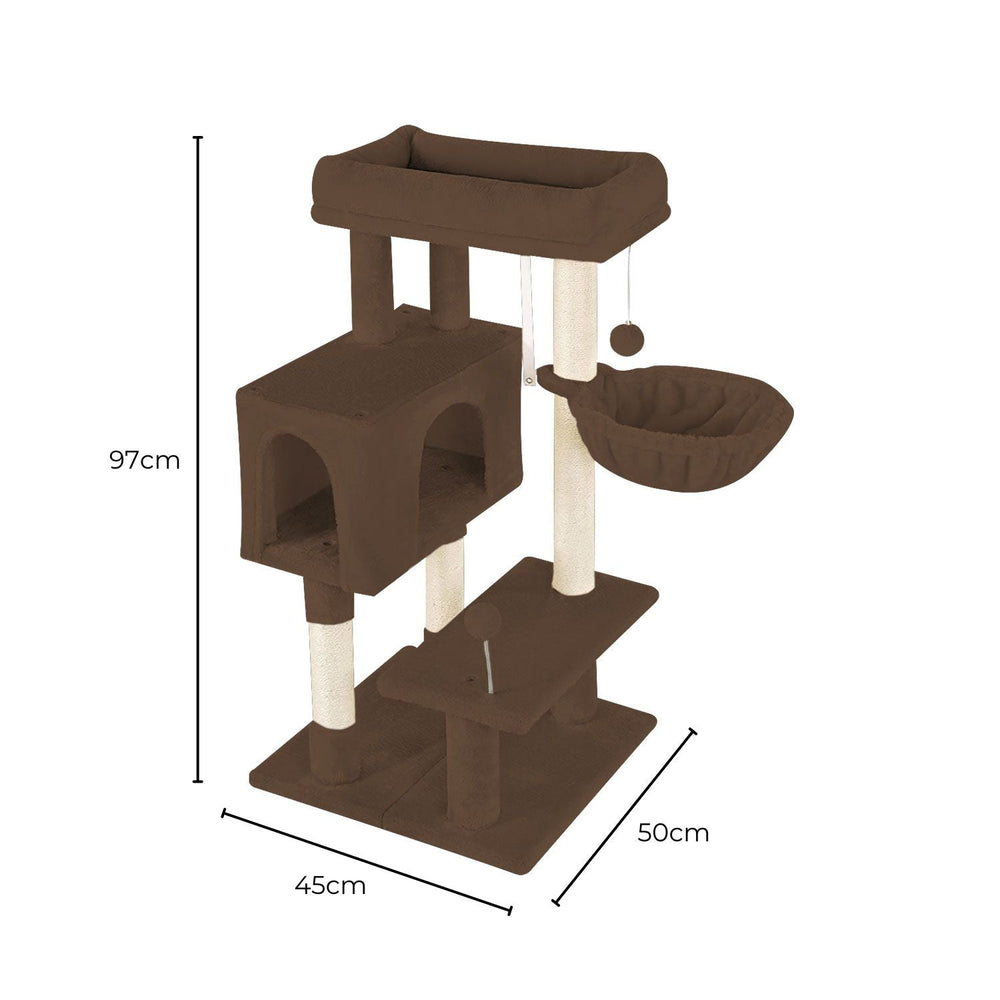 Floofi 97cm Adjustable Base Cat Tree Scratching Post Tower House Furniture Brown