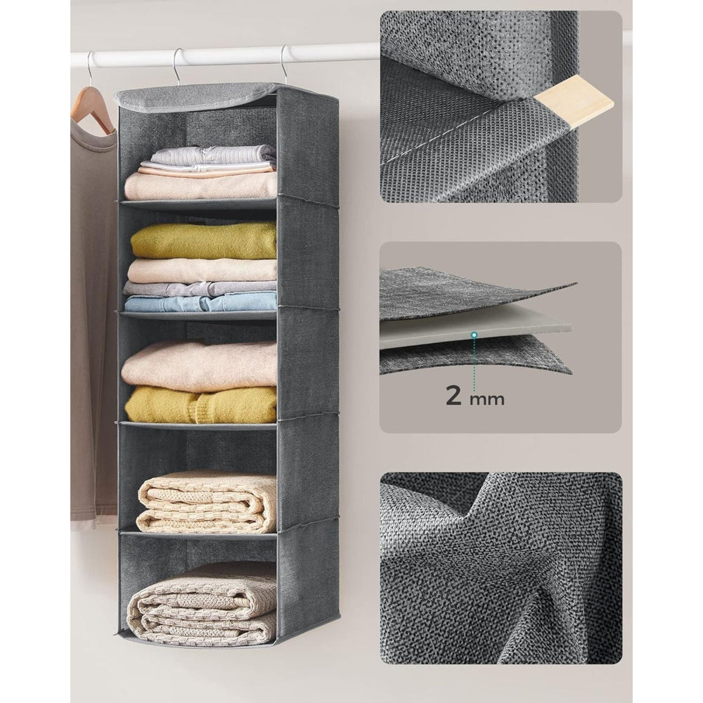 SONGMICS 5 Layers Wardrobe Cube Storage Bag Shelf Hanging Closet Organiser - Gray