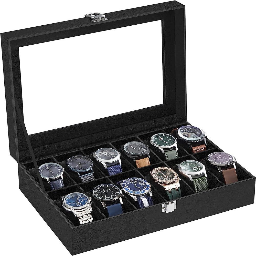SONGMICS 12-Slot Watch Box Large Glass Lid Removable Watch Pillows Black Lining