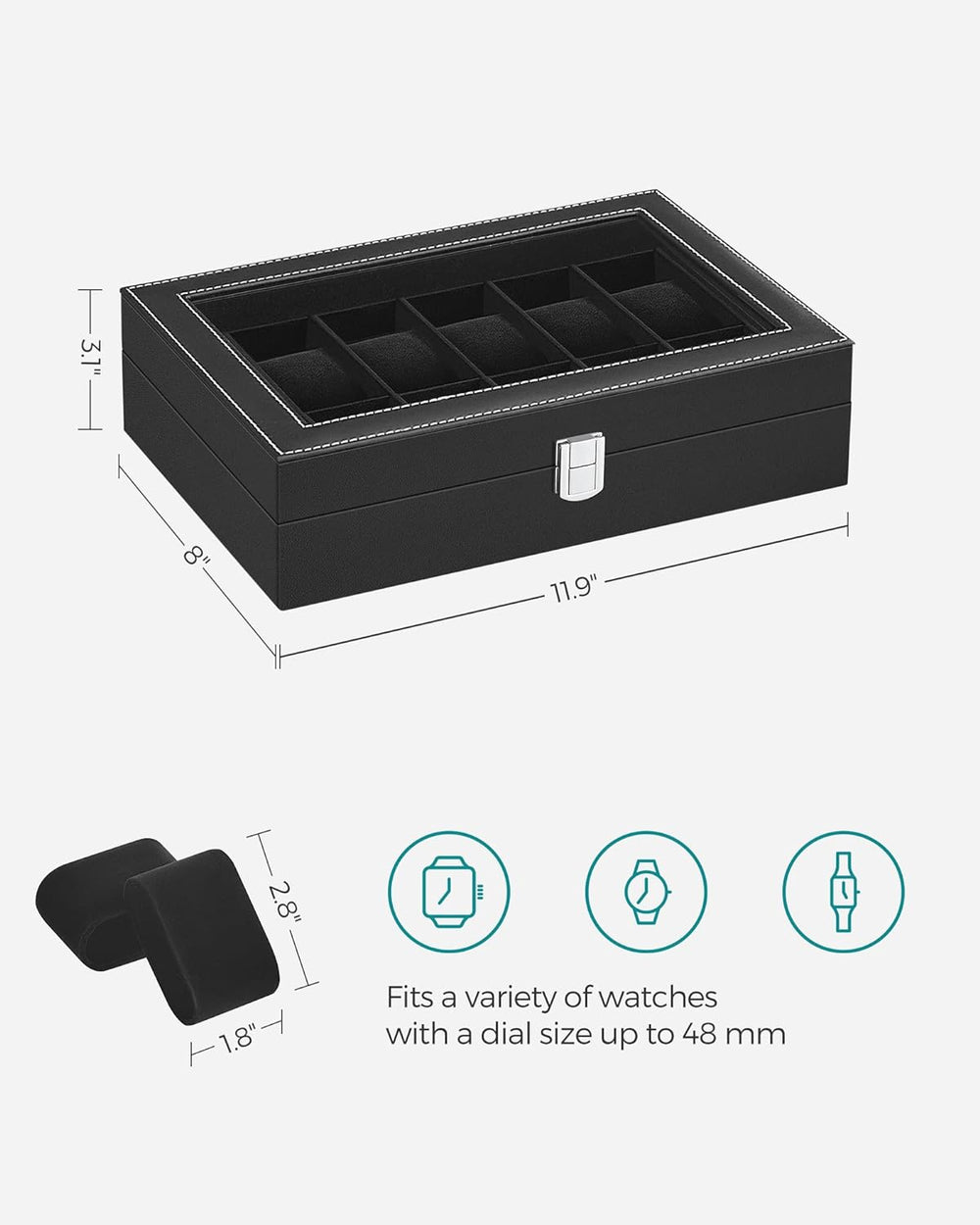SONGMICS 12-Slot Watch Box Large Glass Lid Removable Watch Pillows Black Lining