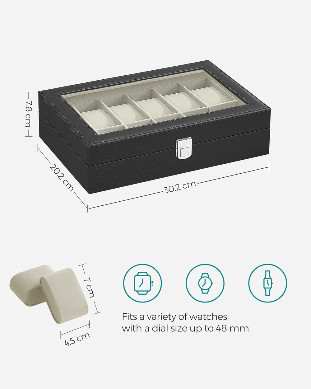 SONGMICS 12 Slots Watch Box with Glass Lid Removable Watch Pillows Beige Lining