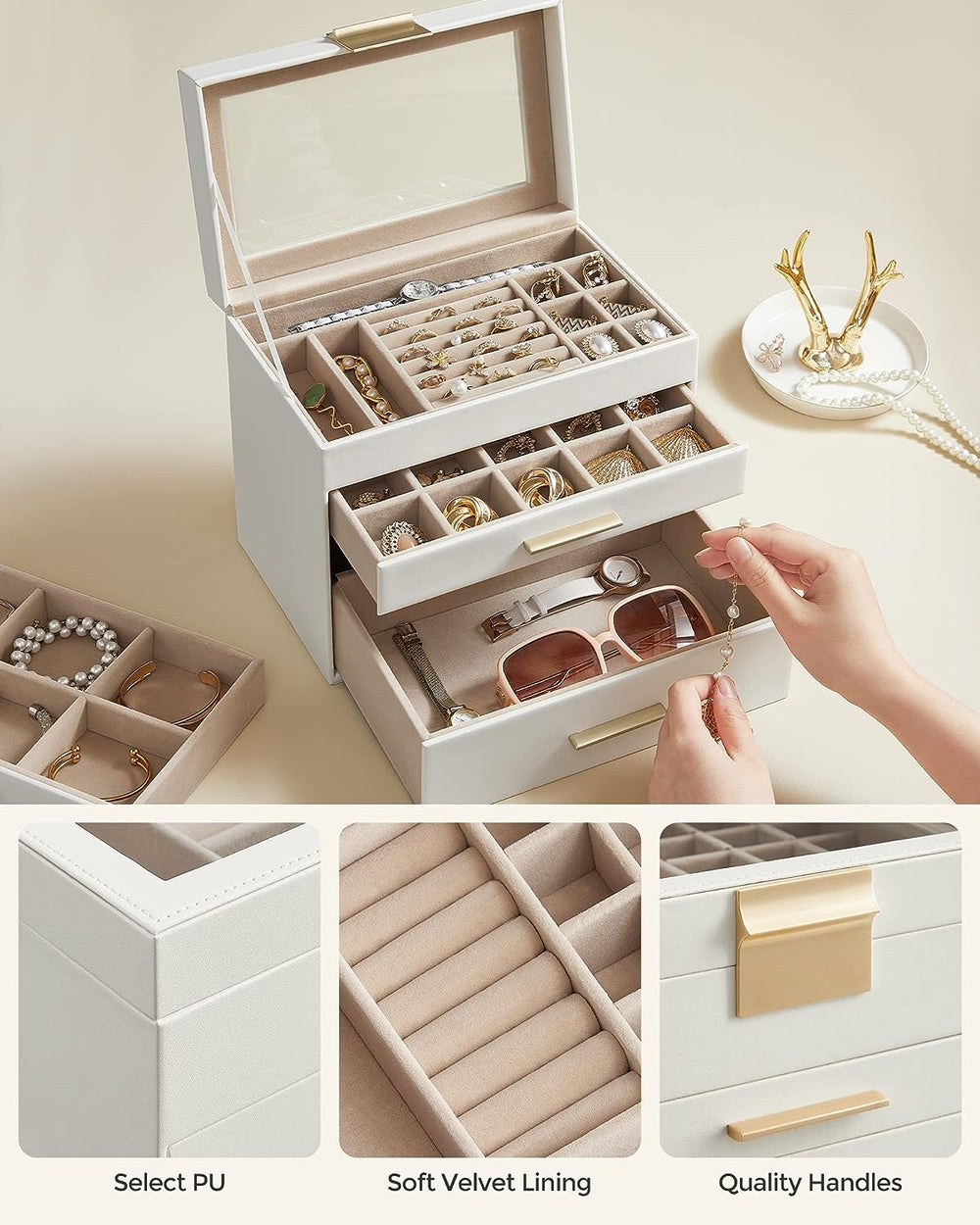 SONGMICS 4-Layer Jewelry Box with 3 Drawers and Glass Lid Cloud White and Gold