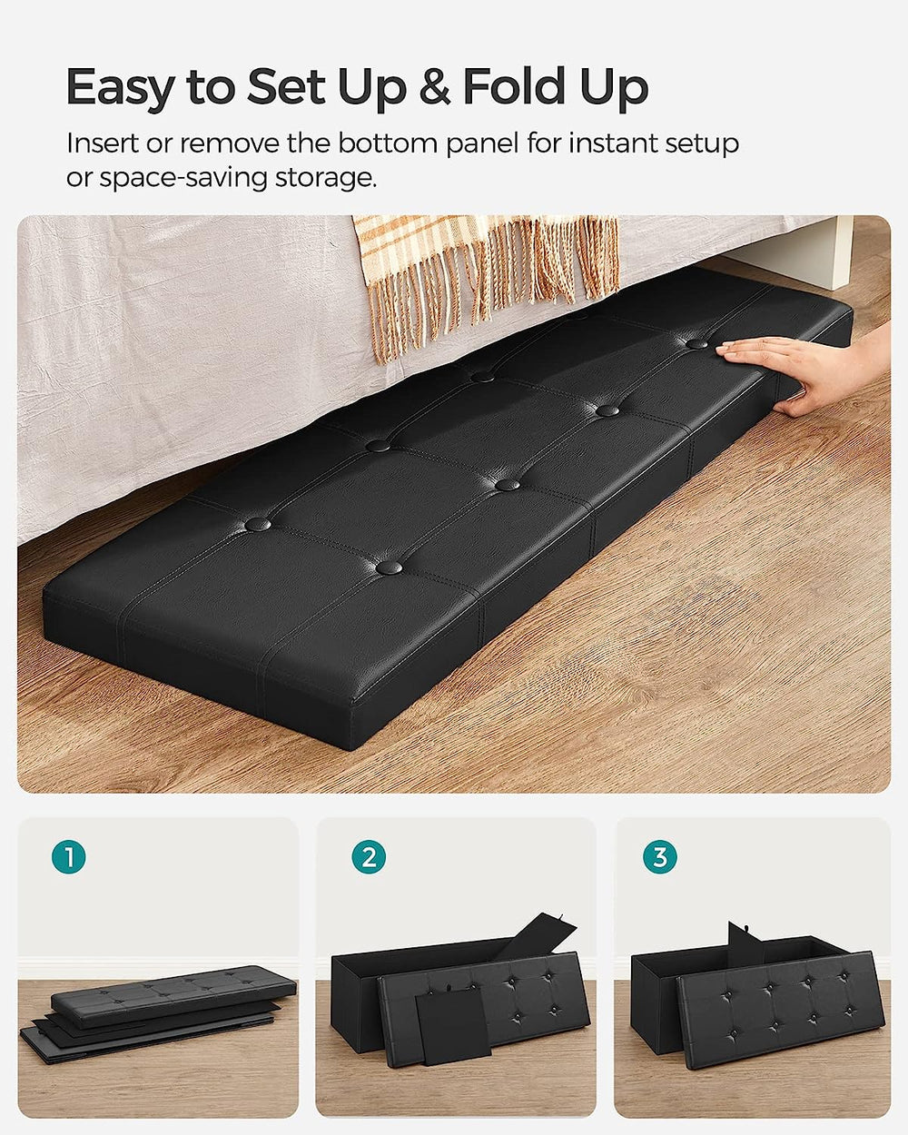 SONGMICS Padded Seat Folding Storage Ottoman Bench with Storage Space Black