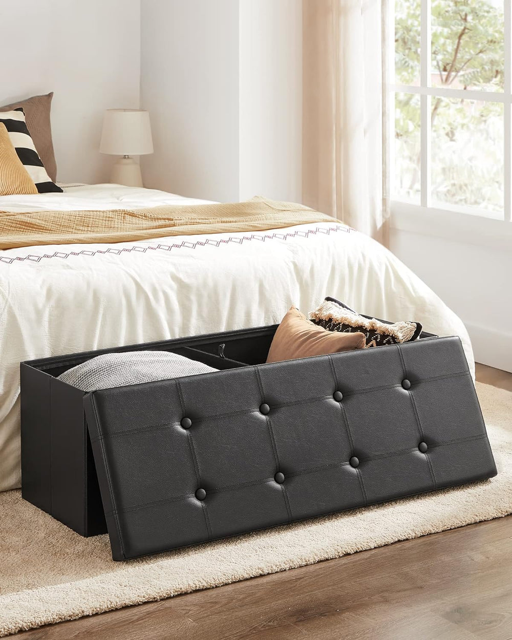 SONGMICS Padded Seat Folding Storage Ottoman Bench with Storage Space Black