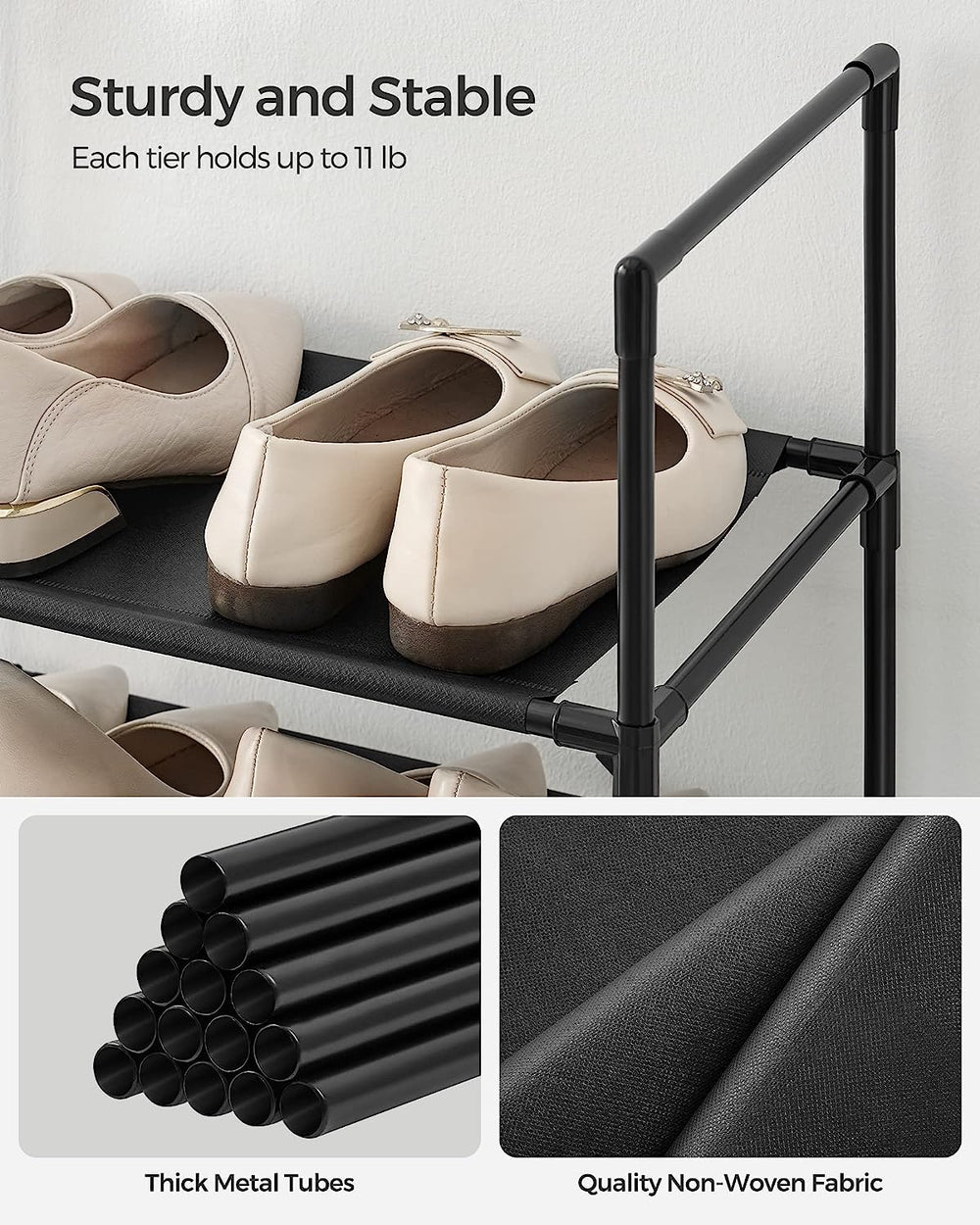 SONGMICS 10 Tier Storage Shelf Stand Entryway Shoes Organiser Metal Shoe Rack - Black