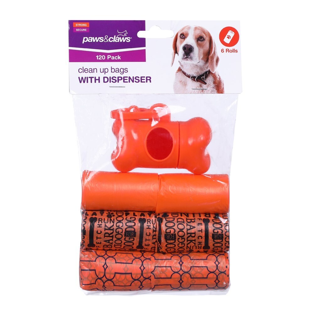 Paws &amp; Claws Clean Up Bags + Dispenser 6 Rolls/120 Bags 31.5X22cm Printed Assorted