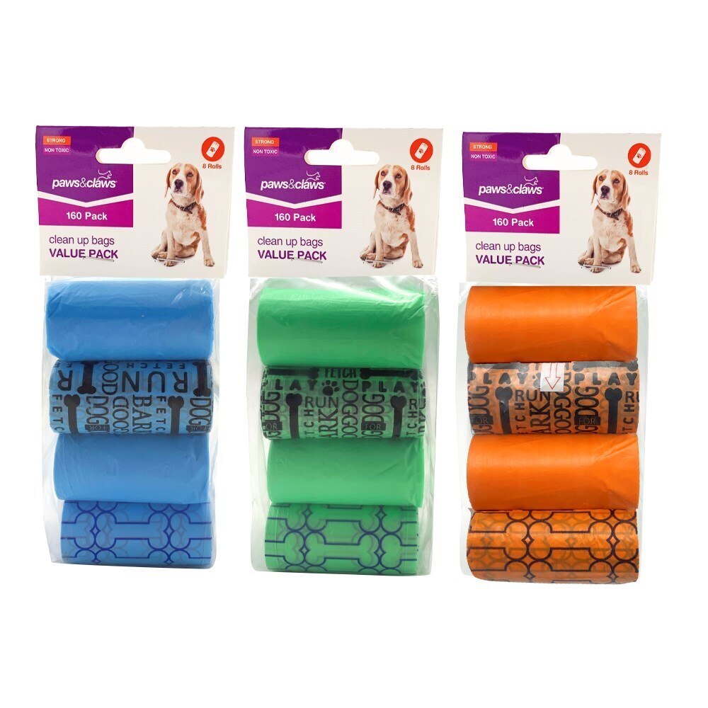 Paws And Claws Clean Up Bags Value Pack 8 Rolls / 160 Bags Assorted