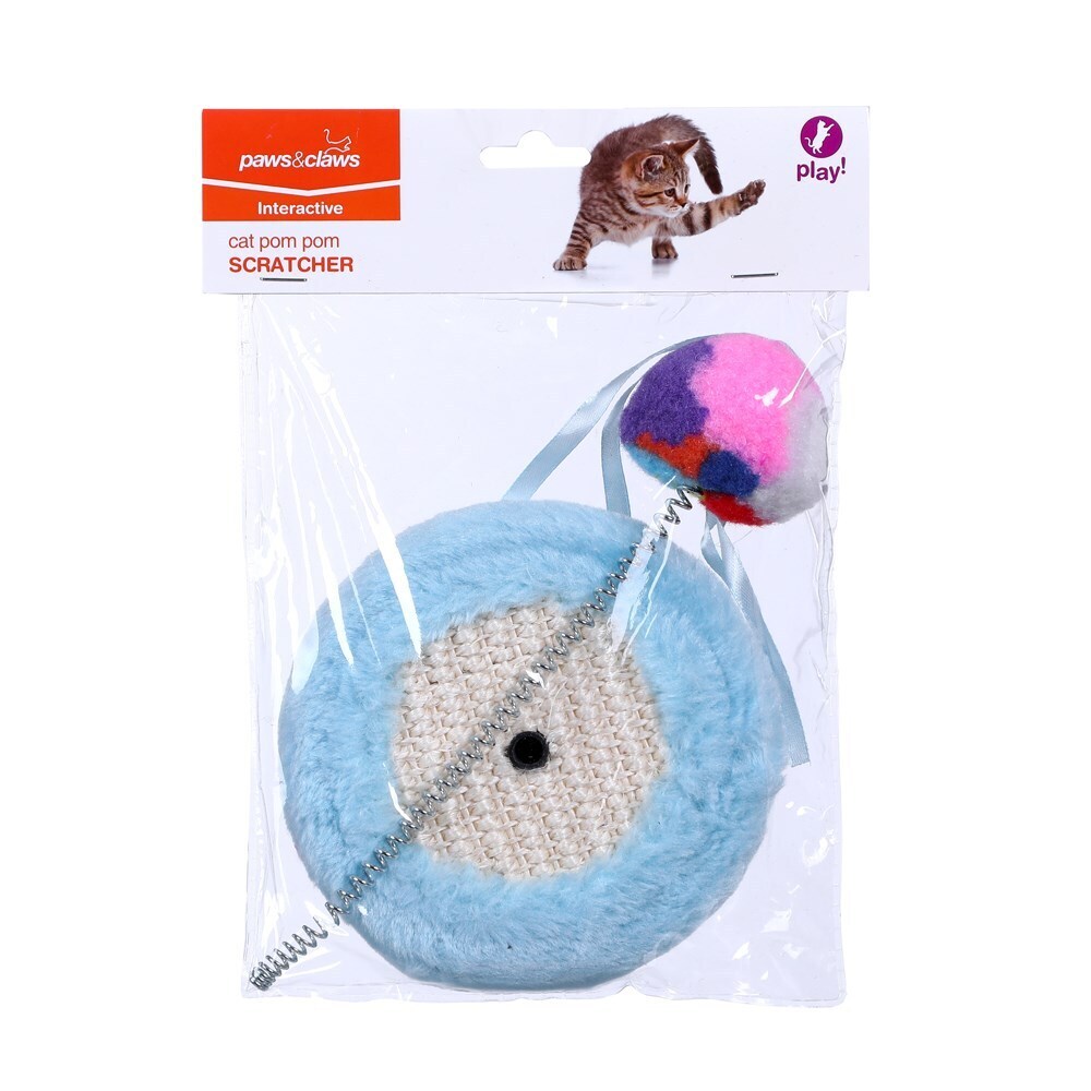 Paws &amp; Claws Cat Scratch Pad With Spring Pom Pom Toy 13.5x26.5cm Assorted