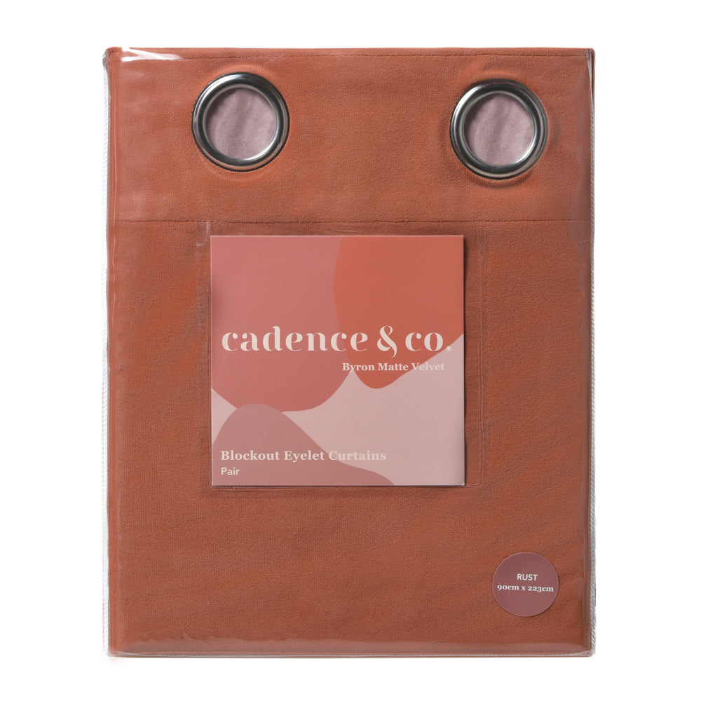 Cadence &amp; Co. Byron Matte Velvet 100% Blockout Eyelet Curtains Twin Pack Rust 180x223cm