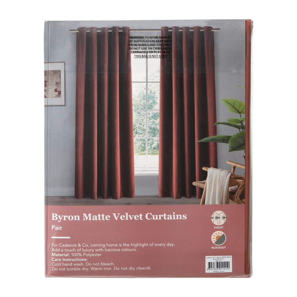 Cadence &amp; Co. Byron Matte Velvet 100% Blockout Eyelet Curtains Twin Pack Rust 180x223cm