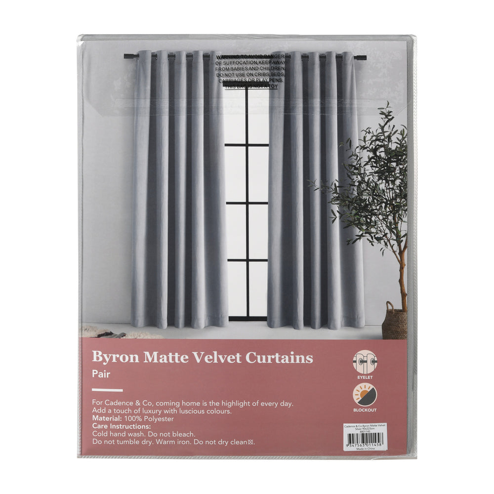 Cadence &amp; Co Byron Matte Velvet 100% Blockout Eyelet Curtains Twin Pack Silver 225x223cm