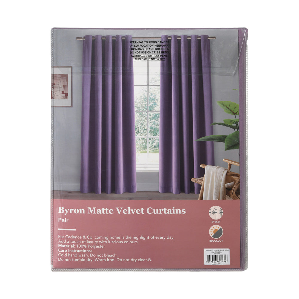 Cadence &amp; Co. Byron Matte Velvet 100% Blockout Eyelet Curtains Twin Pack Lilac 135x223cm